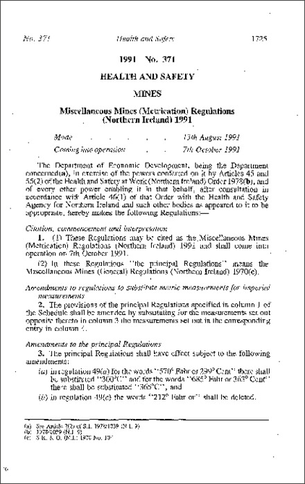 The Miscellaneous Mines (Metrication) Regulations (Northern Ireland) 1991
