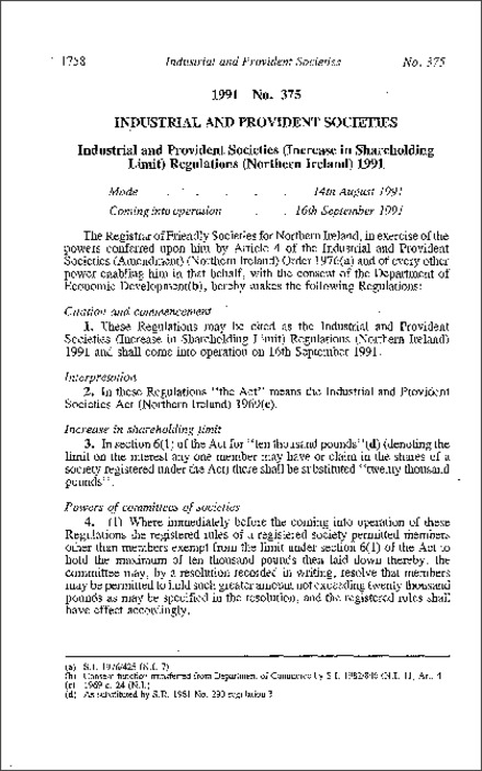 The Industrial and Provident Societies (Increase in Shareholding Limit) Regulations (Northern Ireland) 1991