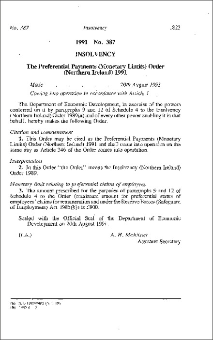 The Preferential Payments (Monetary Limits) Order (Northern Ireland) 1991