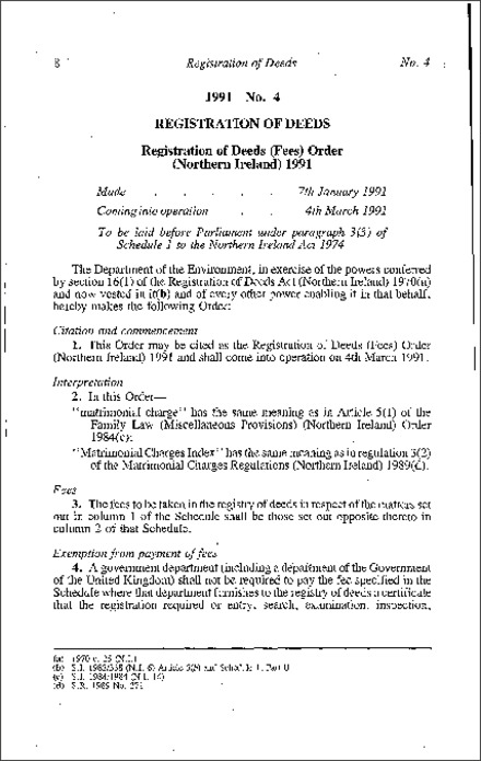The Registration of Deeds (Fees) Order (Northern Ireland) 1991