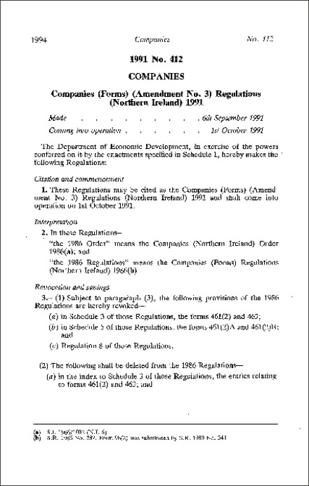 The Companies (Forms) (Amendment No. 3) Regulations (Northern Ireland) 1991