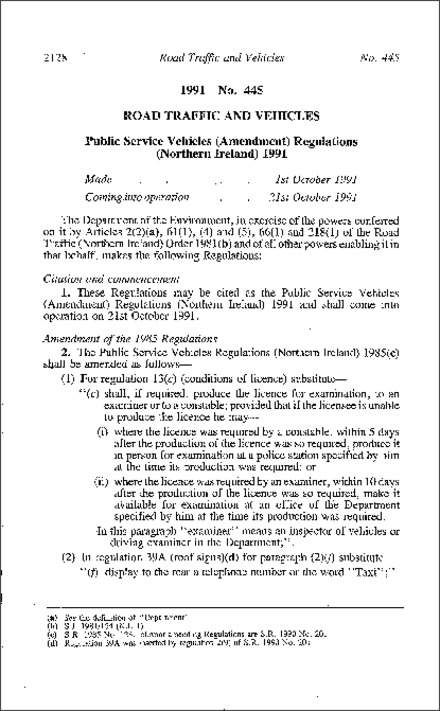 The Public Service Vehicles (Amendment) Regulations (Northern Ireland) 1991