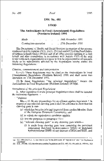 The Antioxidants in Food (Amendment) Regulations (Northern Ireland) 1991