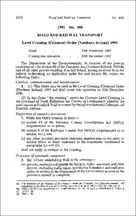 The Level Crossing (Cromore) Order (Northern Ireland) 1991
