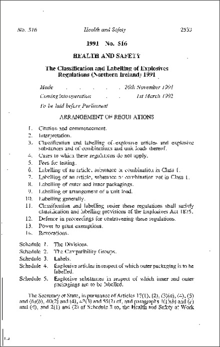 The Classification and Labelling of Explosives Regulations (Northern Ireland) 1991