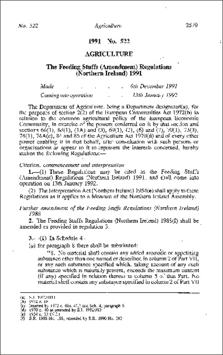 The Feeding Stuffs (Amendment) Regulations (Northern Ireland) 1991