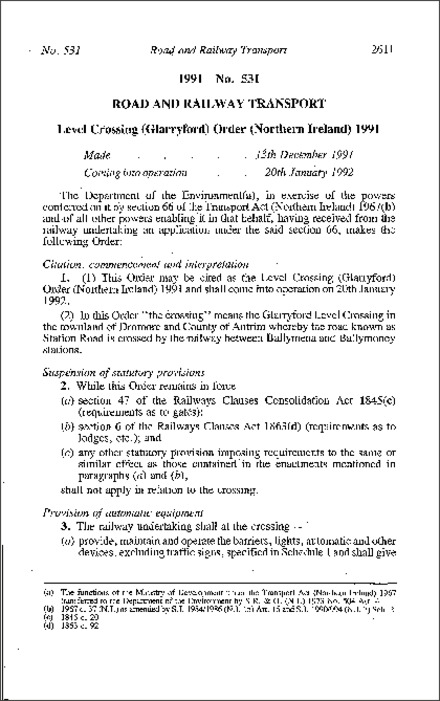 The Level Crossing (Glarryford) Order (Northern Ireland) 1991