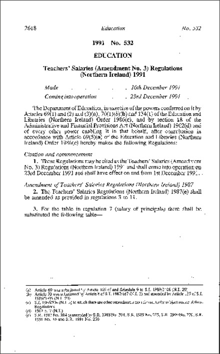 The Teachers' Salaries (Amendment No. 3) Regulations (Northern Ireland) 1991