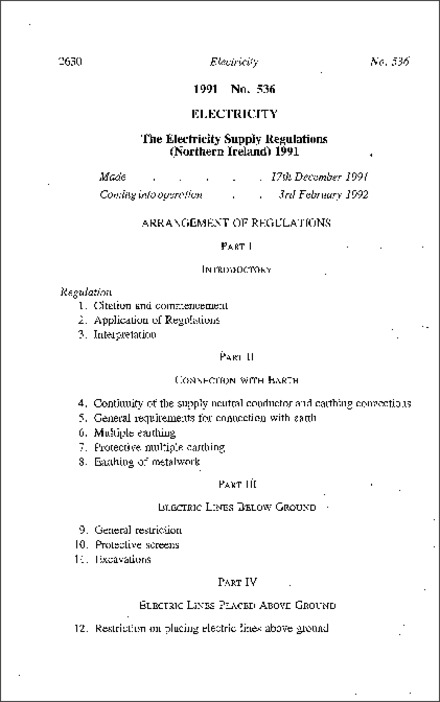 The Electricity Supply Regulations (Northern Ireland) 1991