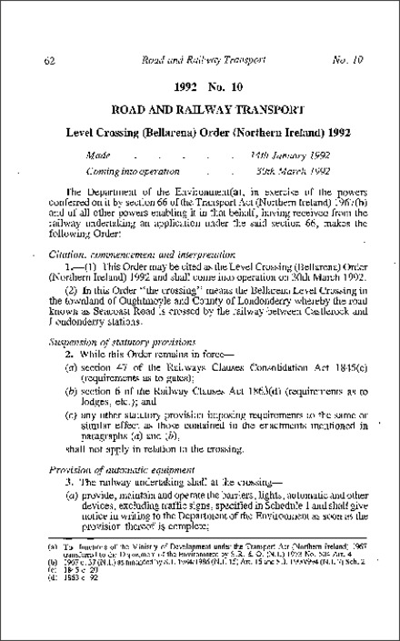 The Level Crossing (Bellarena) Order (Northern Ireland) 1992