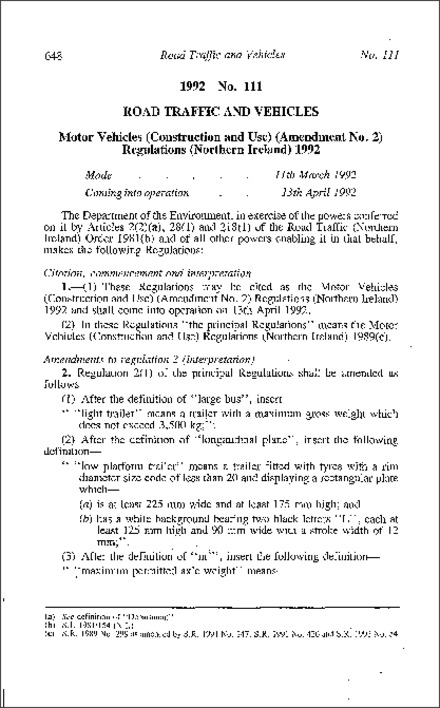 The Motor Vehicles (Construction and Use) (Amendment No. 2) Regulations (Northern Ireland) 1992