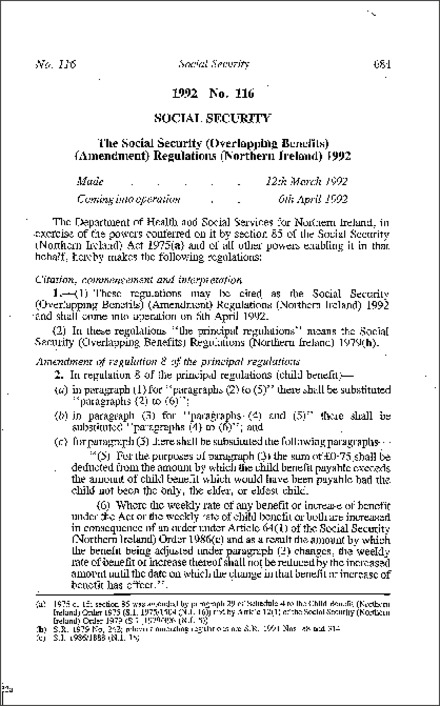 The Social Security (Overlapping Benefits) (Amendment) Regulations (Northern Ireland) 1992