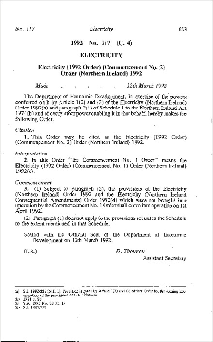 The Electricity (1992 Order) (Commencement No. 2) Order (Northern Ireland) 1992