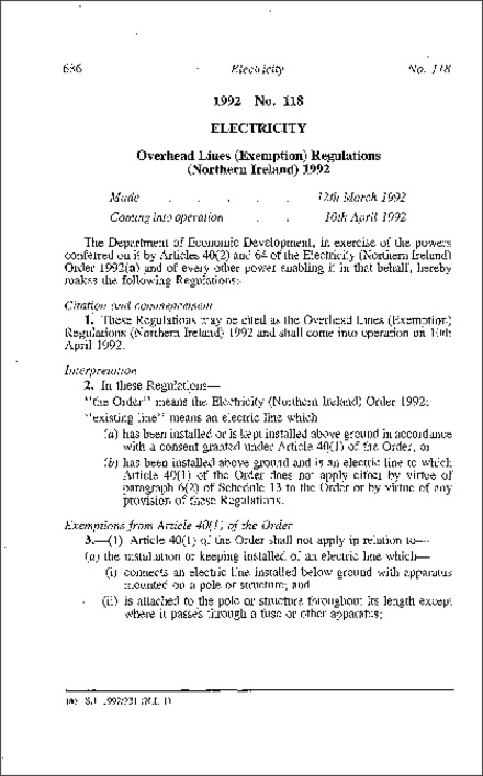 The Overhead Lines (Exemption) Regulations (Northern Ireland) 1992