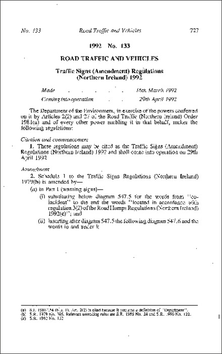 The Traffic Signs (Amendment) Regulations (Northern Ireland) 1992