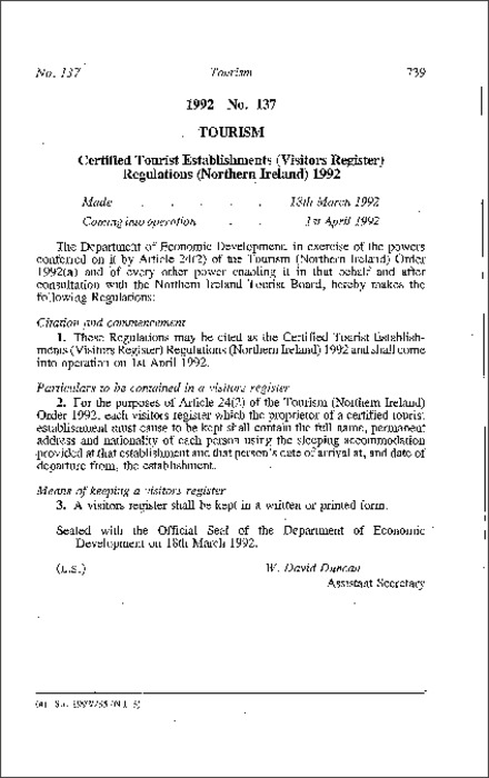 The Certified Tourist Establishments (Visitors Register) Regulations (Northern Ireland) 1992
