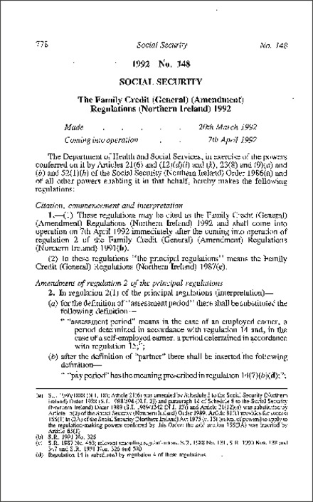 The Family Credit (General) (Amendment) Regulations (Northern Ireland) 1992