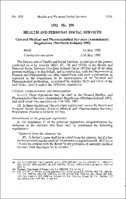 The General Medical and Pharmaceutical Services (Amendment) Regulations (Northern Ireland) 1992