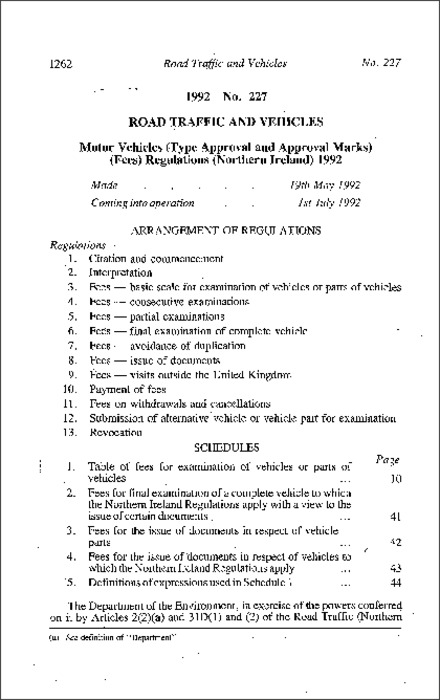 The Motor Vehicles (Type Approval and Approval Marks) (Fees) Regulations (Northern Ireland) 1992