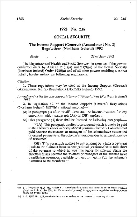 The Income Support (General) (Amendment No. 2) Regulations (Northern Ireland) 1992