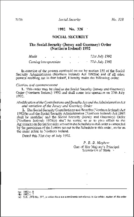 The Social Security (Jersey and Guernsey) Order (Northern Ireland) 1992