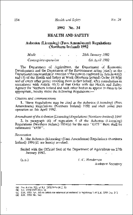 The Asbestos (Licensing) (Fees Amendment) Regulations (Northern Ireland) 1992