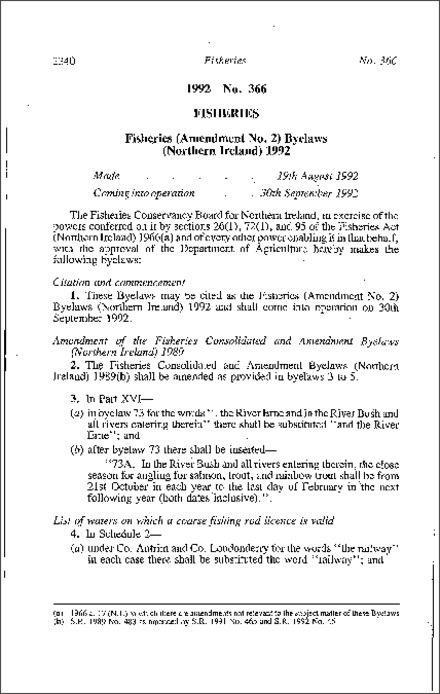 The Fisheries (Amendment No. 2) Byelaws (Northern Ireland) 1992