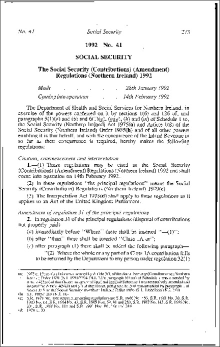 The Social Security (Contributions) (Amendment) Regulations (Northern Ireland) 1992