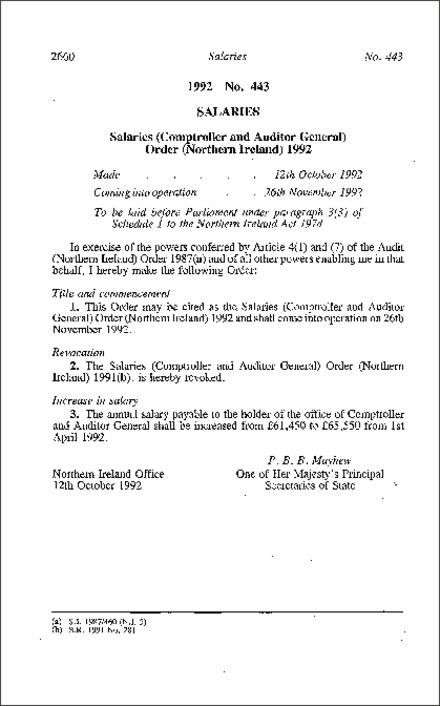 The Salaries (Comptroller and Auditor General) Order (Northern Ireland) 1992