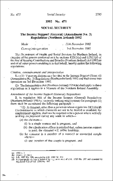 The Income Support (General) (Amendment No. 3) Regulations (Northern Ireland) 1992