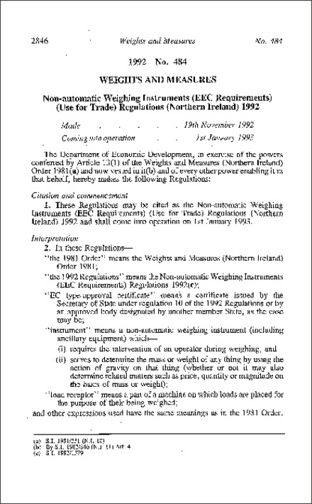 The Non-automatic Weighing Instruments (EEC Requirements) (Use for Trade) Regulations (Northern Ireland) 1992