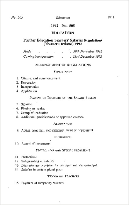 The Further Education Teachers' Salaries Regulations (Northern Ireland) 1992