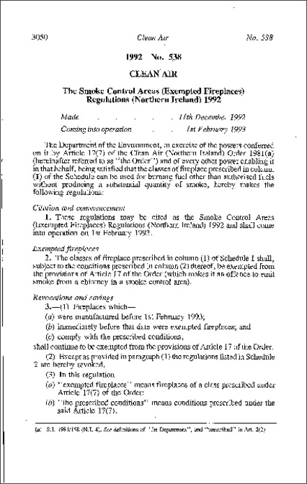 The Smoke Control Areas (Exempted Fireplaces) Regulations (Northern Ireland) 1992