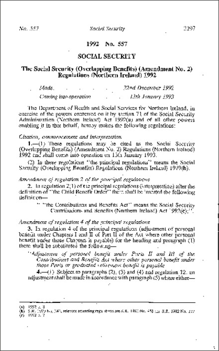 The Social Security (Overlapping Benefits) (Amendment No. 2) Regulations (Northern Ireland) 1992