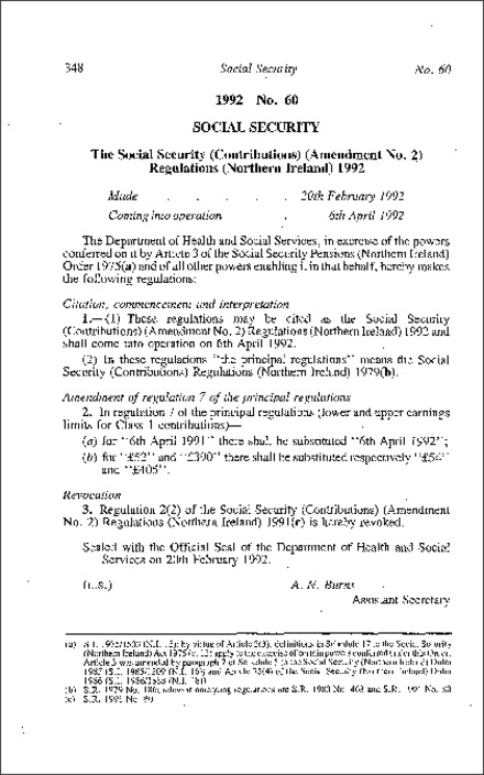 The Social Security (Contributions) (Amendment No. 2) Regulations (Northern Ireland) 1992