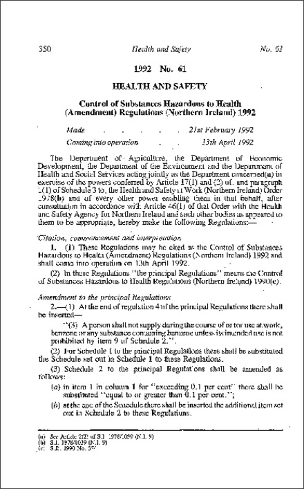 The Control of Substances Hazardous to Health (Amendment) Regulations (Northern Ireland) 1992