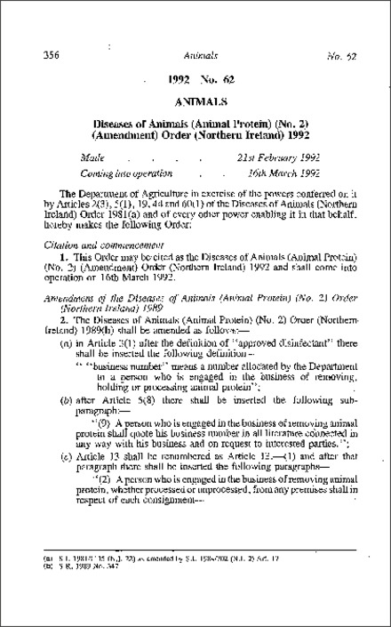 The Diseases of Animals (Animal Protein) (No. 2) (Amendment) Order (Northern Ireland) 1992