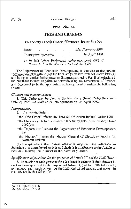 The Electricity (Fees) Order (Northern Ireland) 1992