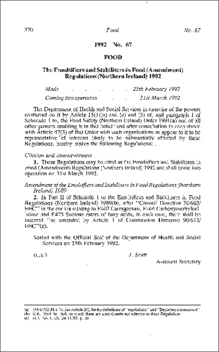 The Emulsifiers and Stabilisers in Food (Amendment) Regulations (Northern Ireland) 1992