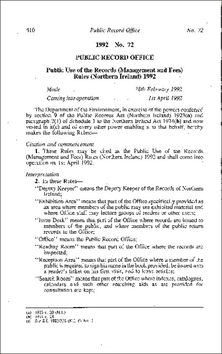The Public Use of the Records (Management and Fees) Rules (Northern Ireland) 1992