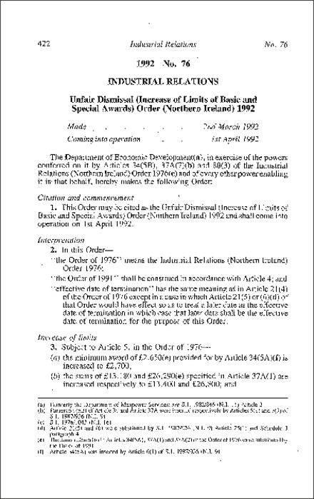 The Unfair Dismissal (Increase of Limits of Basic and Special Awards) Order (Northern Ireland) 1992