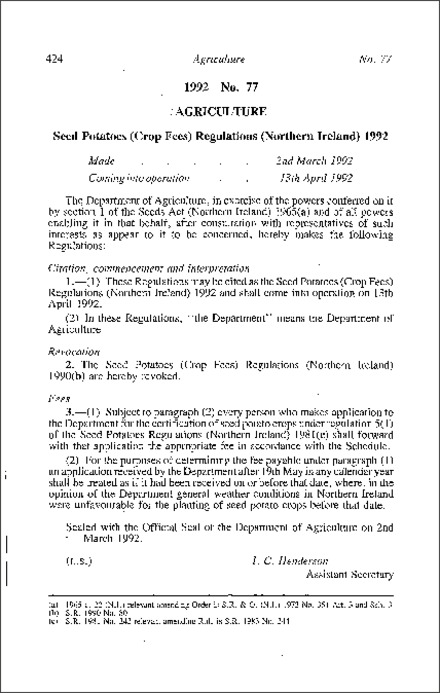 The Seed Potatoes (Crop Fees) Regulations (Northern Ireland) 1992