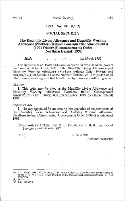 The Disability Living Allowance and Disability Working Allowance (Northern Ireland Consequential Amendments) (1991 Order) (Commencement) Order (Northern Ireland) 1992