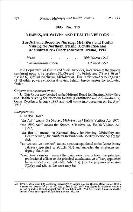 The National Board For Nursing, Midwifery and Health Visiting for Northern Ireland (Constitution and Administration) Order (Northern Ireland) 1993