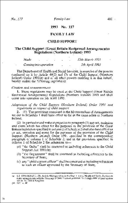 The Child Support (Great Britain Reciprocal Arrangements) Regulations (Northern Ireland) 1993