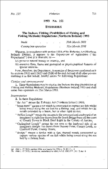 The Inshore Fishing (Prohibition of Fishing and Fishing Methods) Regulations (Northern Ireland) 1993