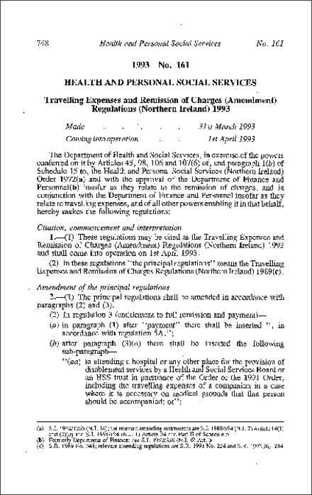 The Travelling Expenses and Remission of Charges (Amendment) Regulations (Northern Ireland) 1993