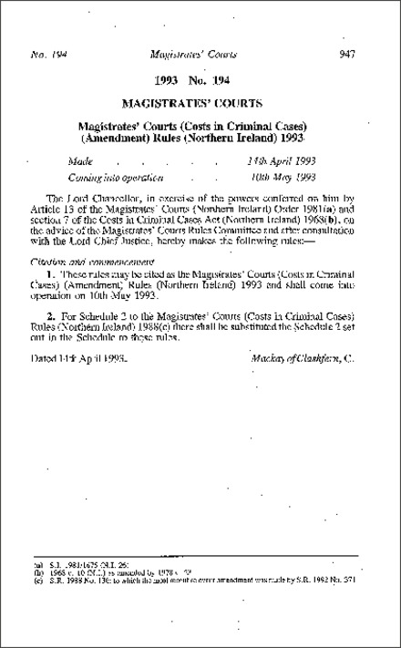 The Magistrates' Courts (Costs in Criminal Cases) (Amendment) Rules (Northern Ireland) 1993