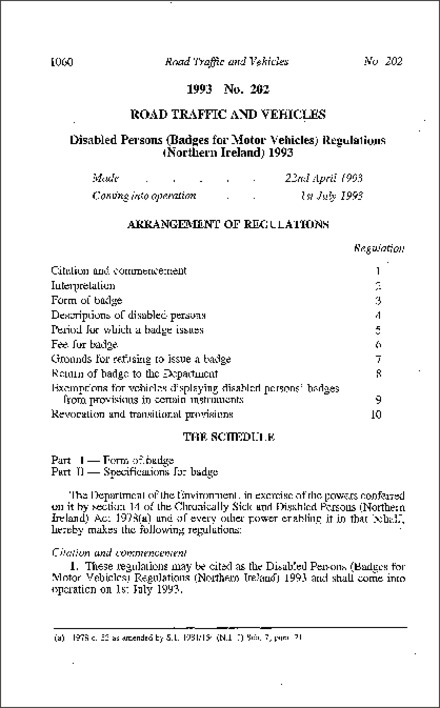 The Disabled Persons (Badges for Motor Vehicles) Regulations (Northern Ireland) 1993