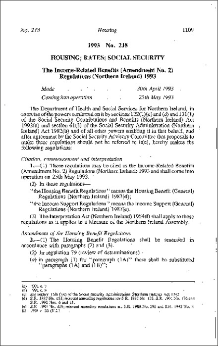 The Income-Related Benefits (Amendment No. 2) Regulations (Northern Ireland) 1993